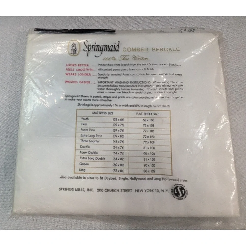 Springmaid Flat Sheet Twin White NEW Vintage 100% Cotton Combed Percale USA Made